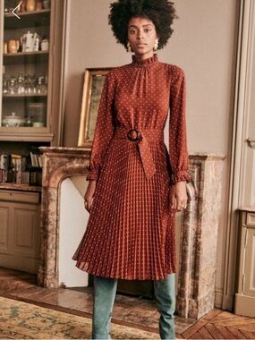 Sezane Muse Dress in Moka Polka Dot, High-Neck Rust Pleated Midi Dress FR36/US4